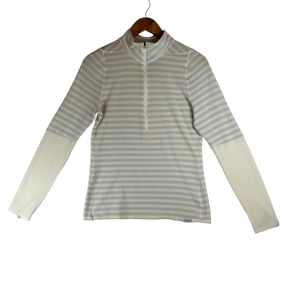 Patagonia Womens M Merino Wool Blend Striped 1/4 Zip Base Layer Top Grey White